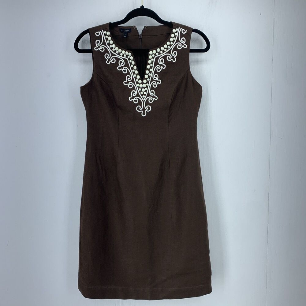 Talbots Womens 2 Shift Dress Beaded Embroidery Summer Preppy Professional